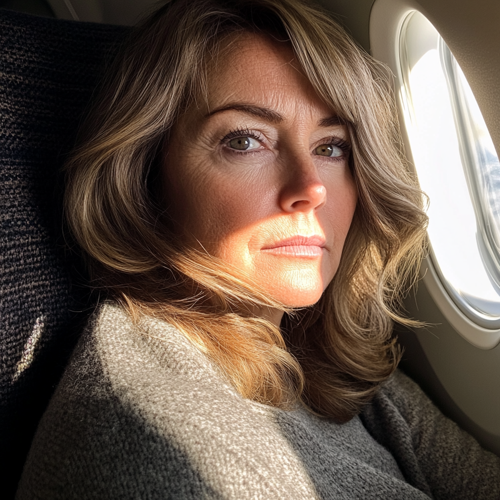 Flight Attendant Woke Me Up & Told Me to Check My Husband's Bag While He Was Away — I Never Expected What I Found 10 A close up of a woman sitting in an airplane | Source: Midjourney