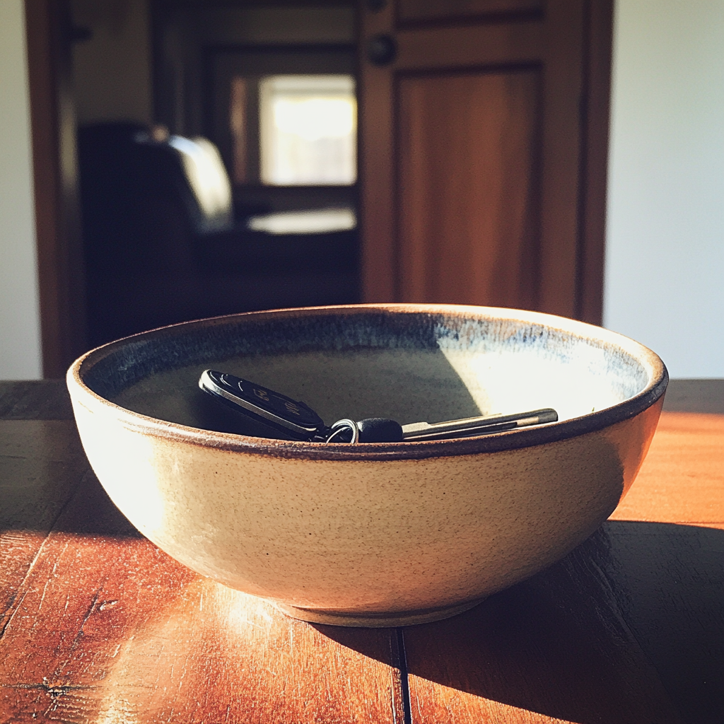 Keys in a bowl on a hallway table | Source: Midjourney