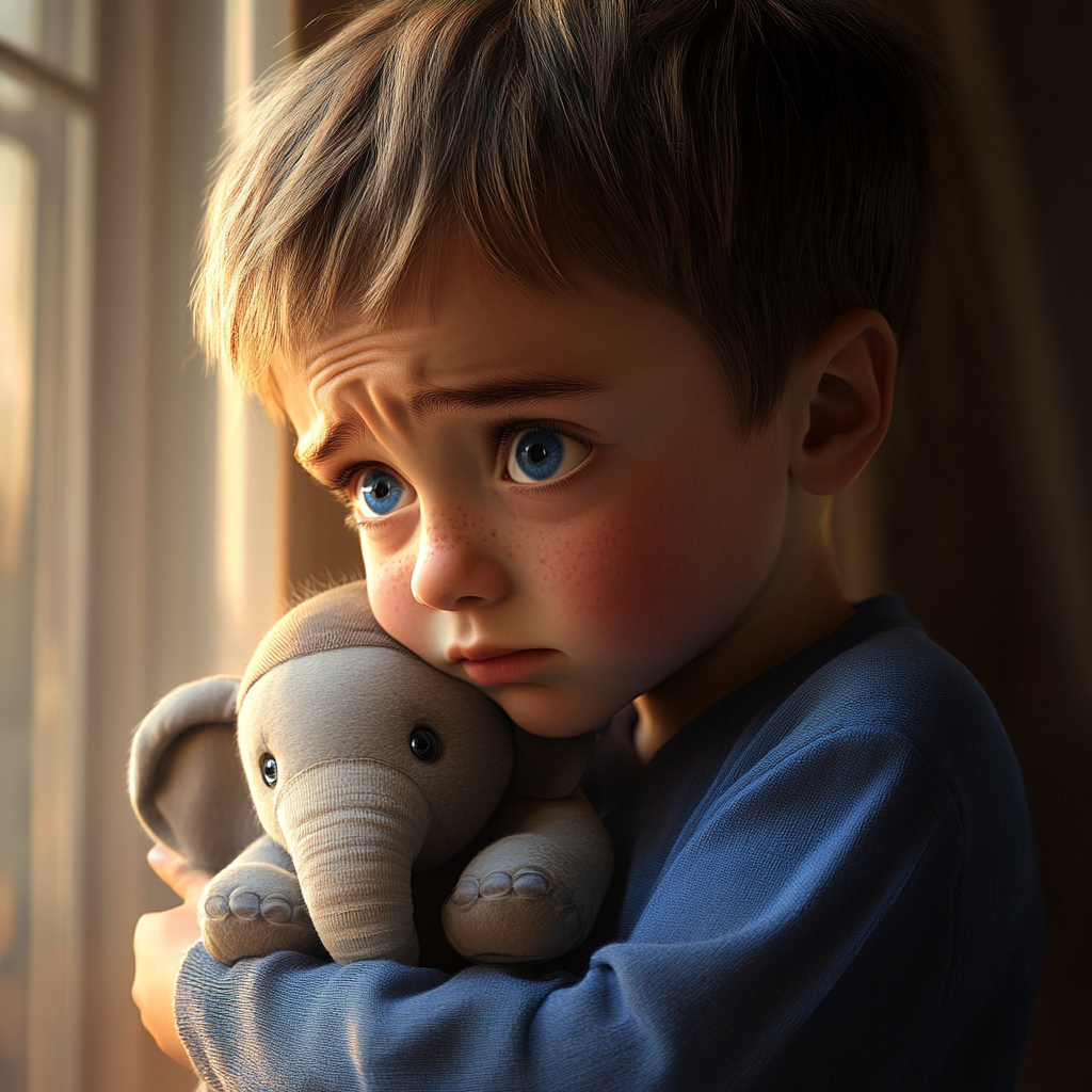 A sad little boy holding an elephant plushie | Source: Midjourney