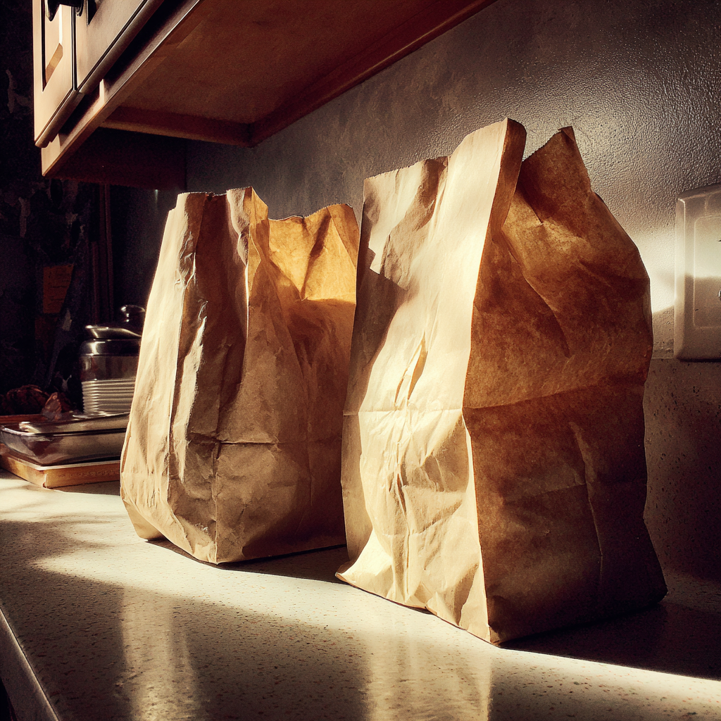 Brown paper grocery bags on a kitchen counter | Source: Midjourney