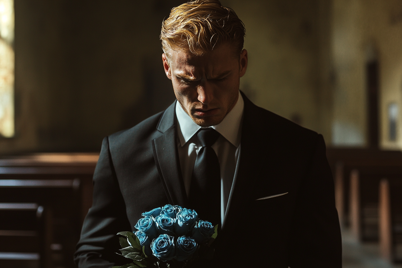 An emotional man hanging his head in a church | Source: Midjourney