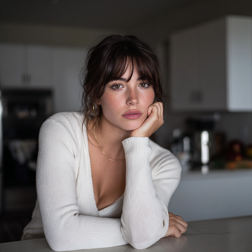 A pensive woman sitting at a kitchen table | Source: Midjourney