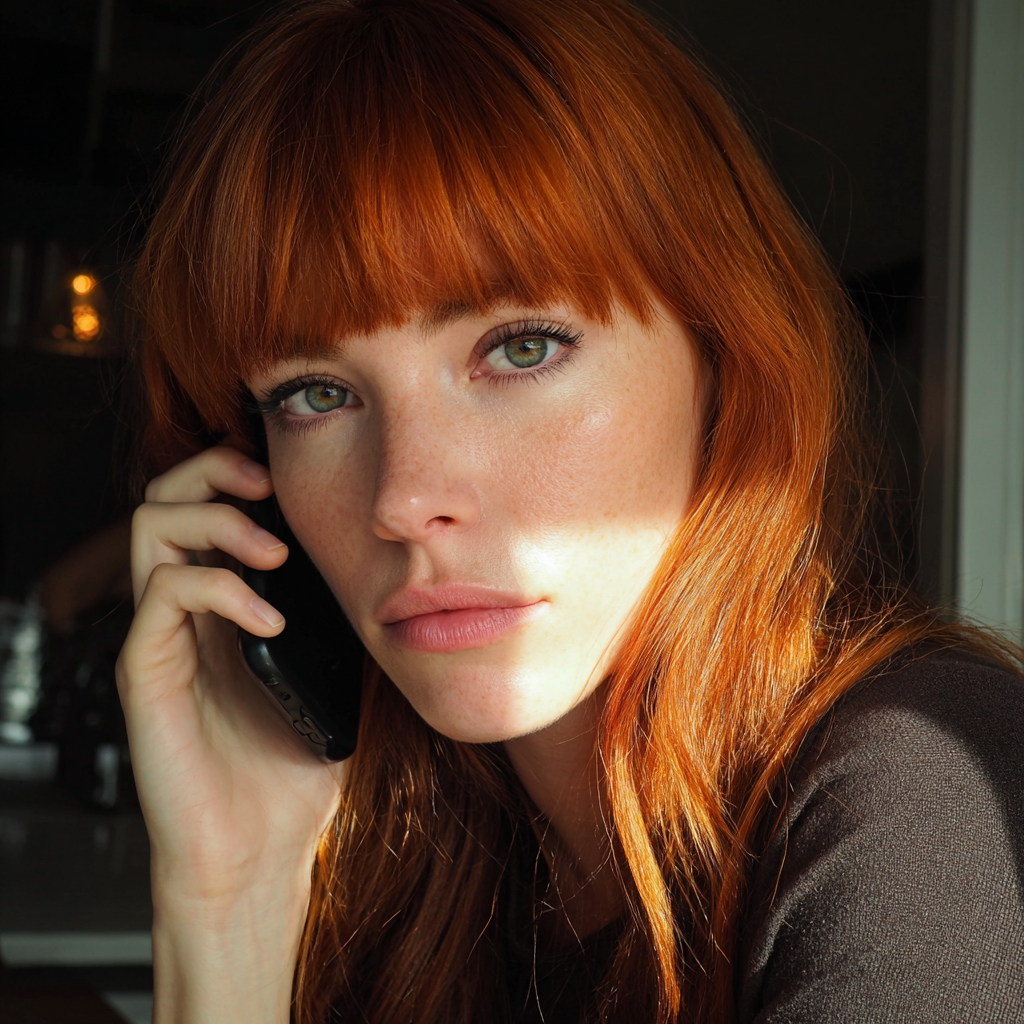 A woman talking on a cellphone with red bangs | Source: Midjourney