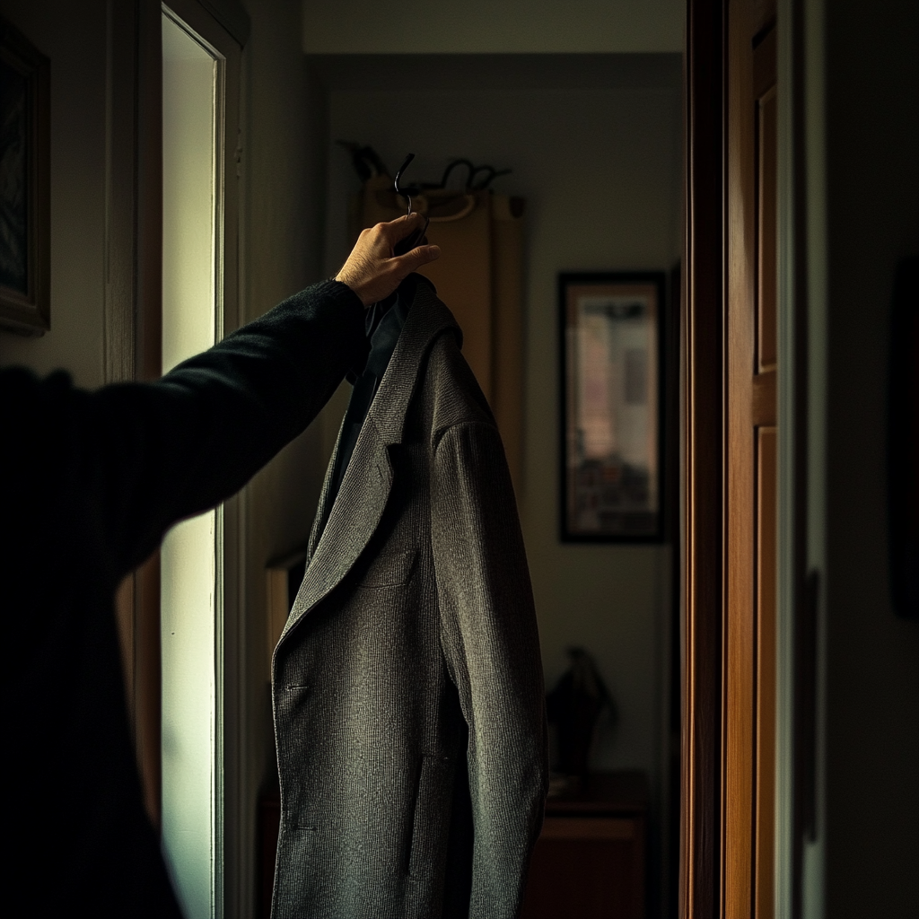 A man hanging his coat after coming home | Source: Midjourney