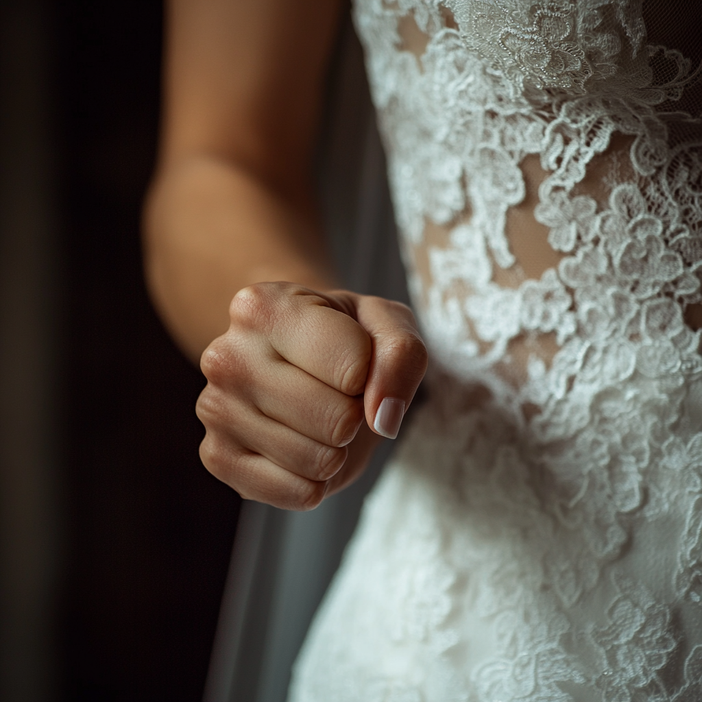 A bride's fist clenched at her side | Source: Midjourney