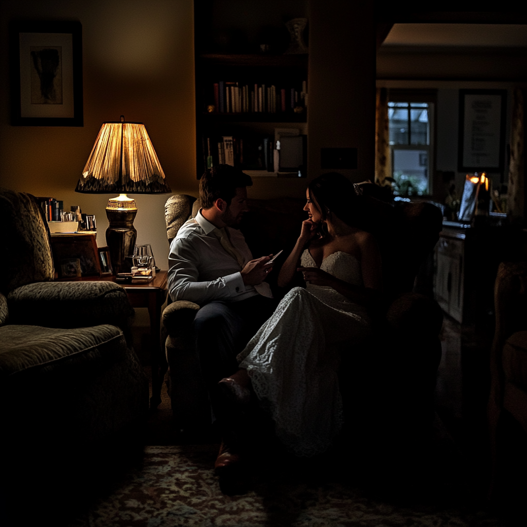 Newly weds having an intimate conversation in their living room | Source: Midjourney