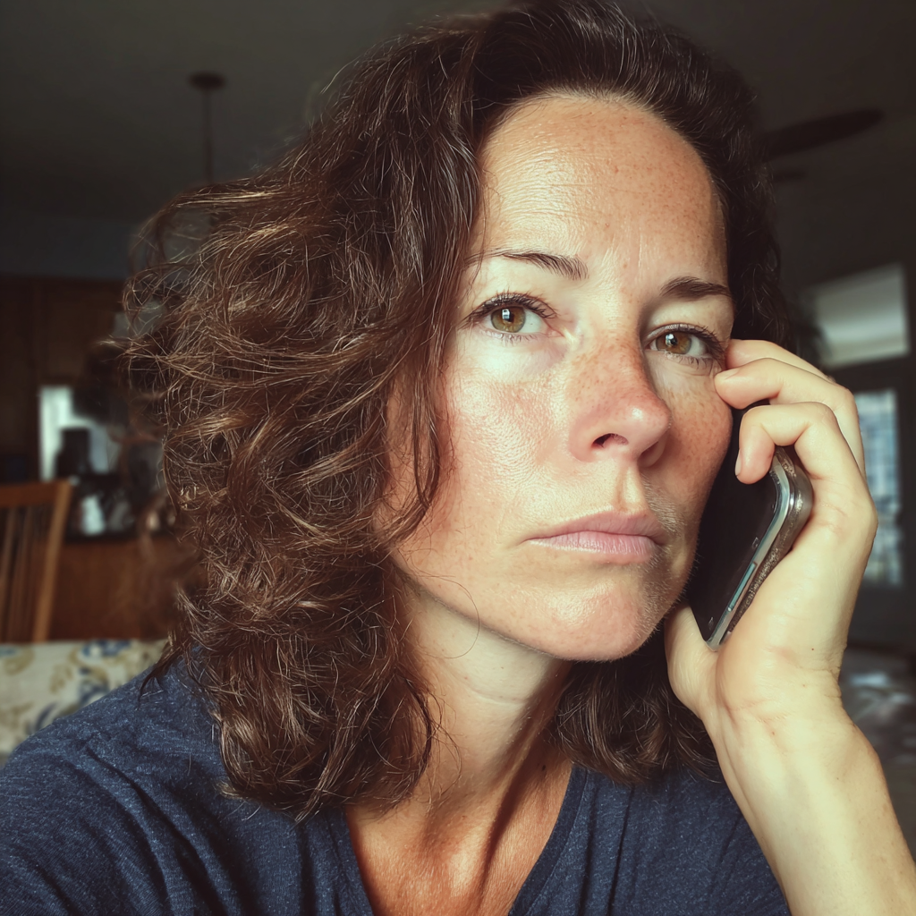 A woman sitting on a couch and talking on a phone | Source: Midjourney