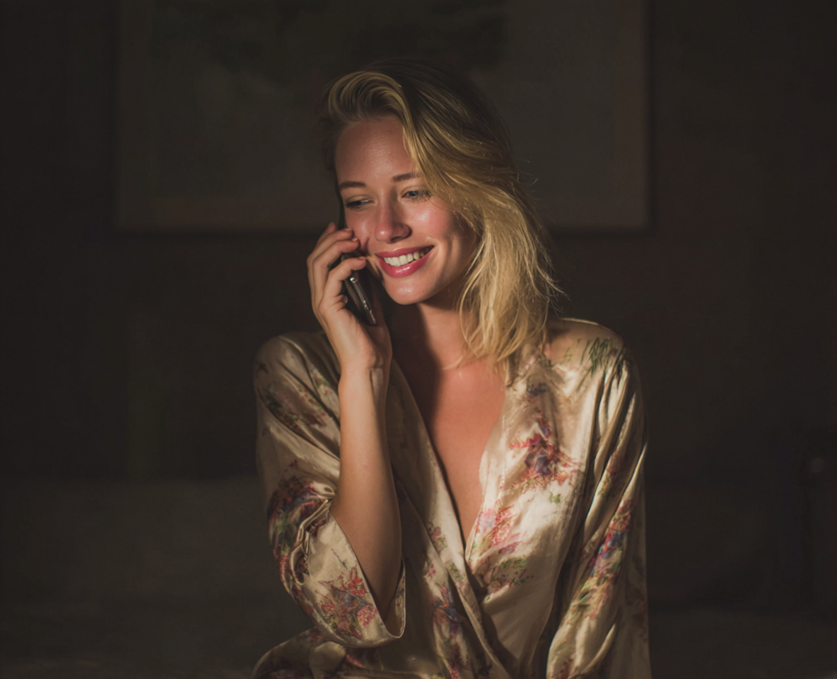A woman wearing a silk robe and talking on a cell phone | Source: Midjourney