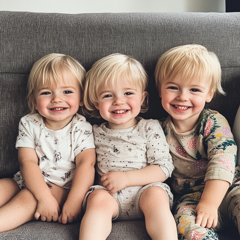 Three smiling children sitting on a couch | Source: Midjourney