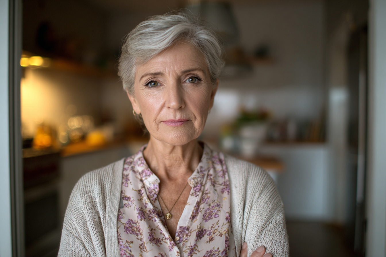 An older woman looking straight ahead | Source: Midjourney