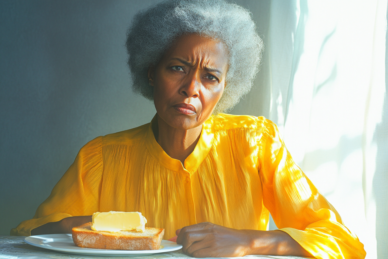 An older woman sitting at a table with toast on her plate, frowning | Source: Midjourney