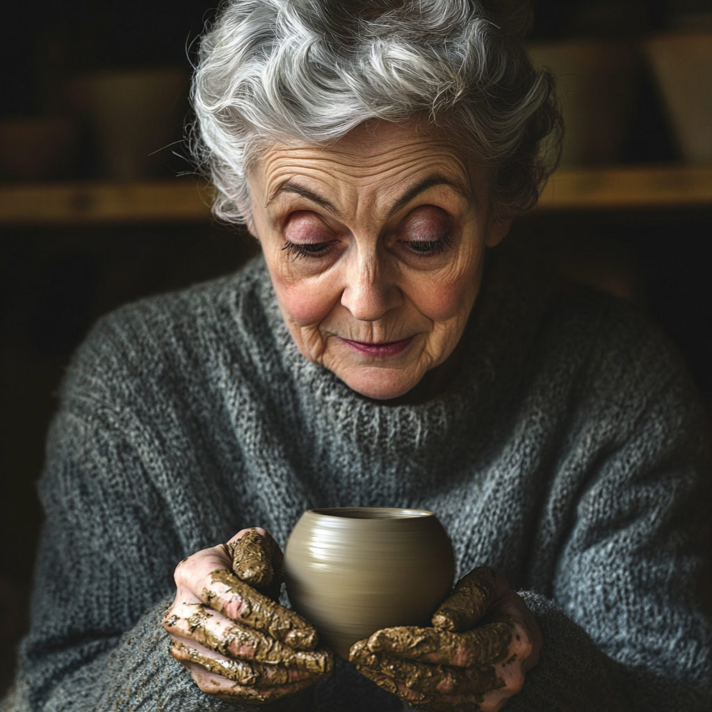 An older woman making pottery from baked clay | Source: Midjourney