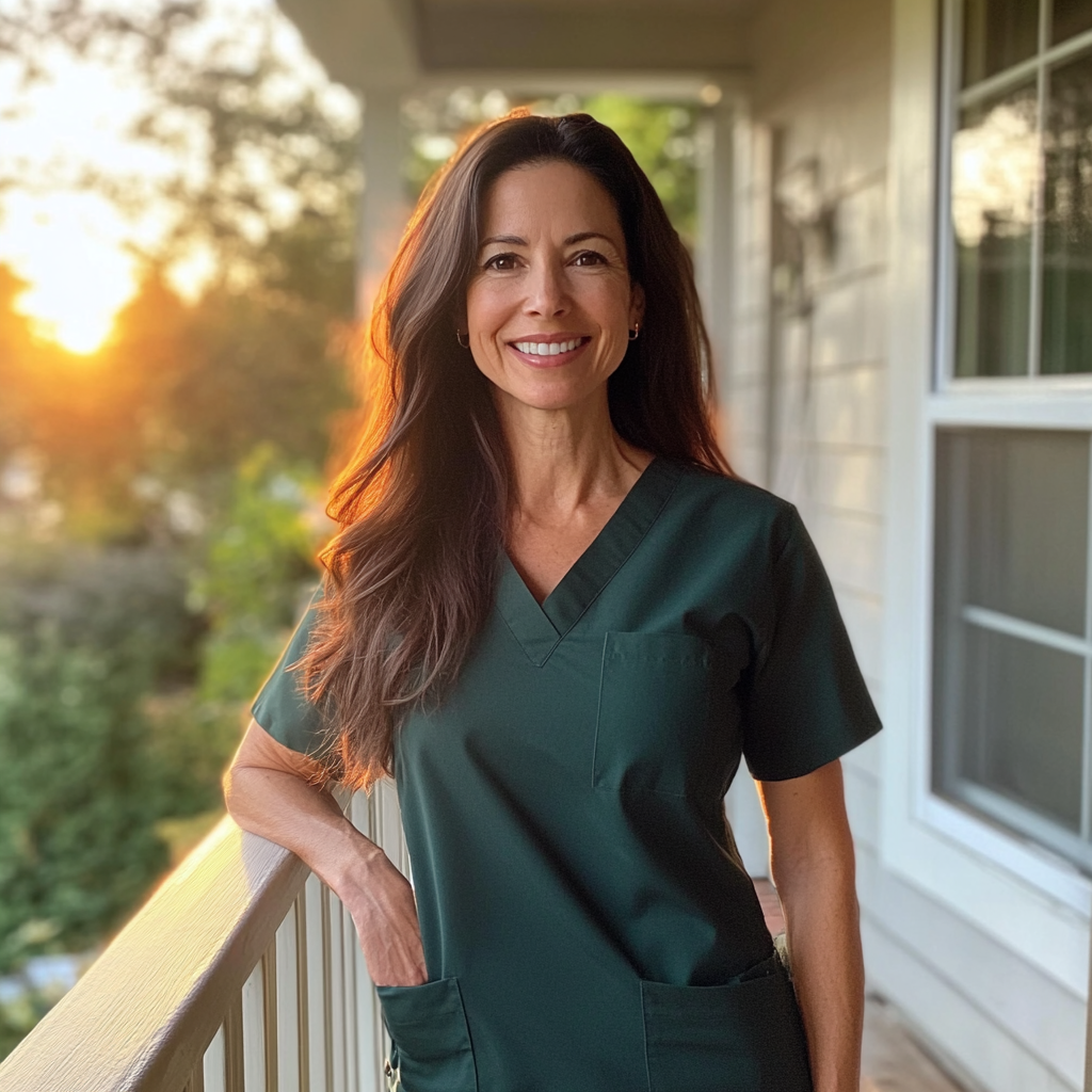 A smiling woman standing on a porch | Source: Midjourney