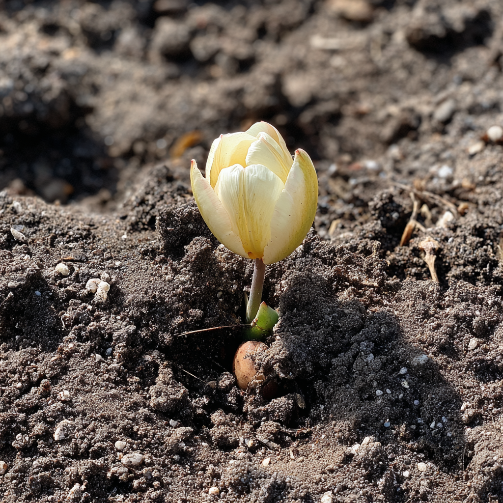 A pale yellow tulip in soil | Source: Midjourney