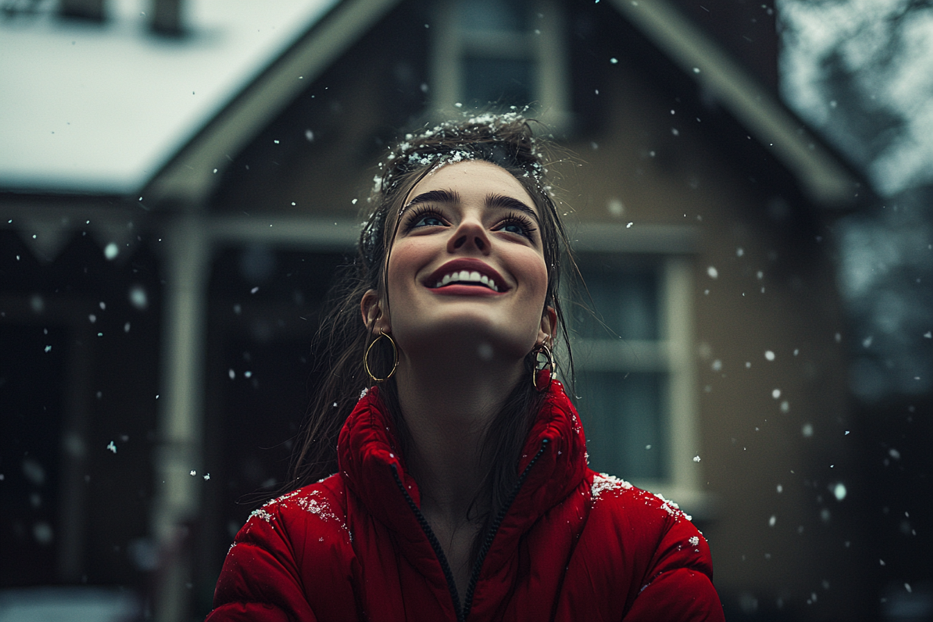 A woman in her 30s smiling widely standing outside a house watching snow fall while wearing a red jacket | Source: Midjourney