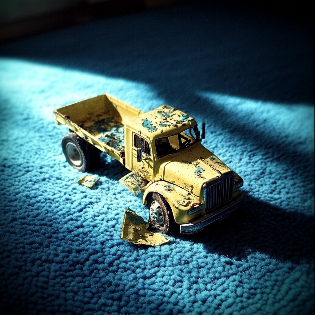 A broken toy truck on a carpet | Source: Midjourney