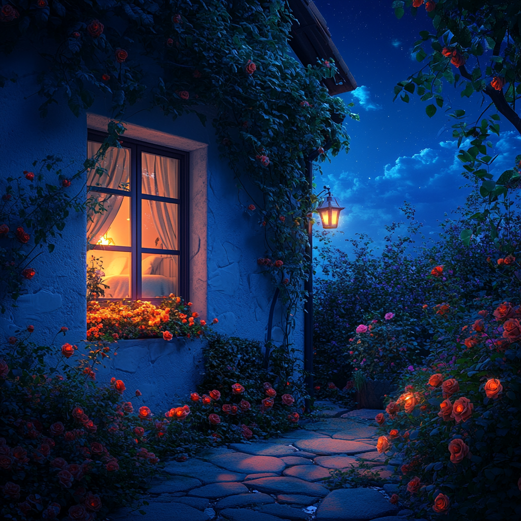 Night view of a cottage window from a breathtaking garden | Source: Midjourney