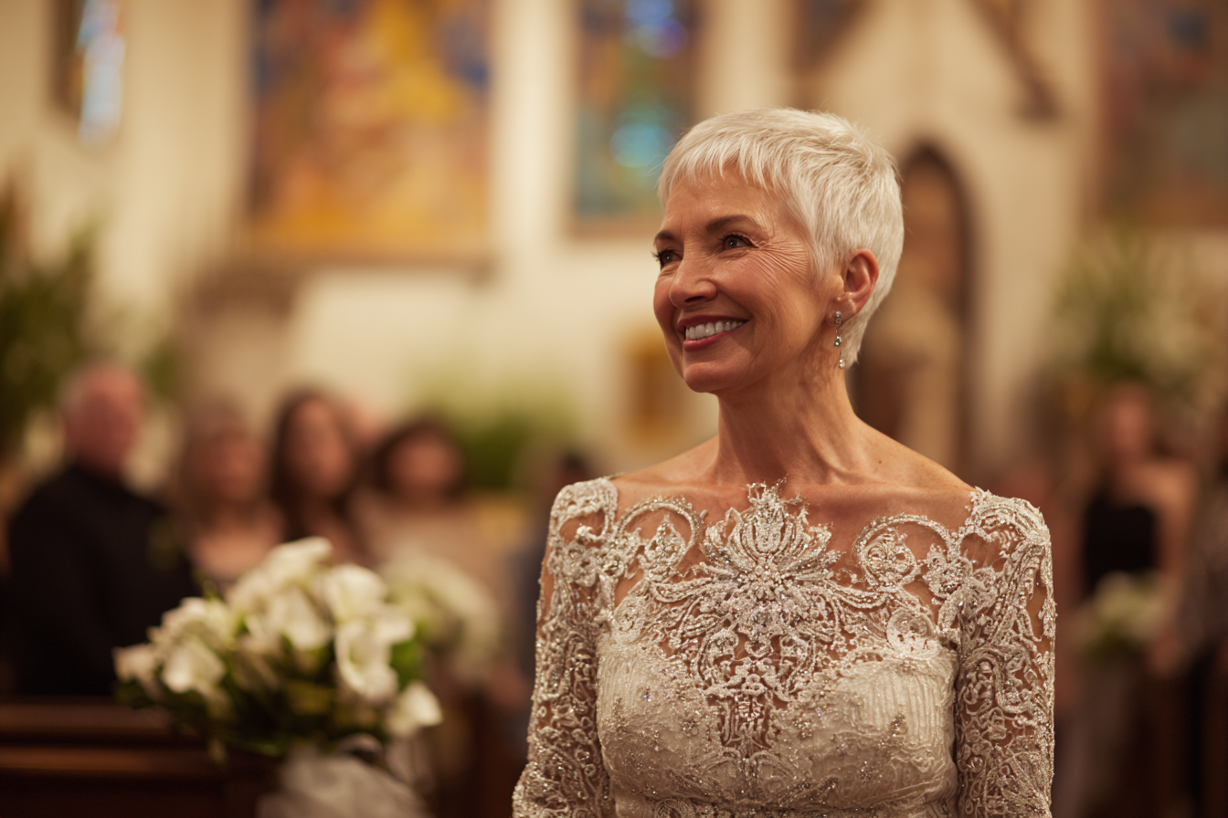 A mature woman wearing a white lace dress | Source: Midjourney
