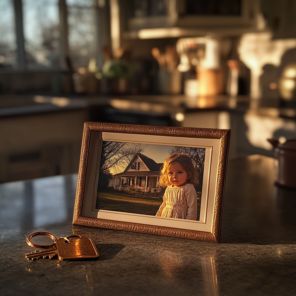 A key beside a photo frame on a kitchen counter | Source: Midjourney