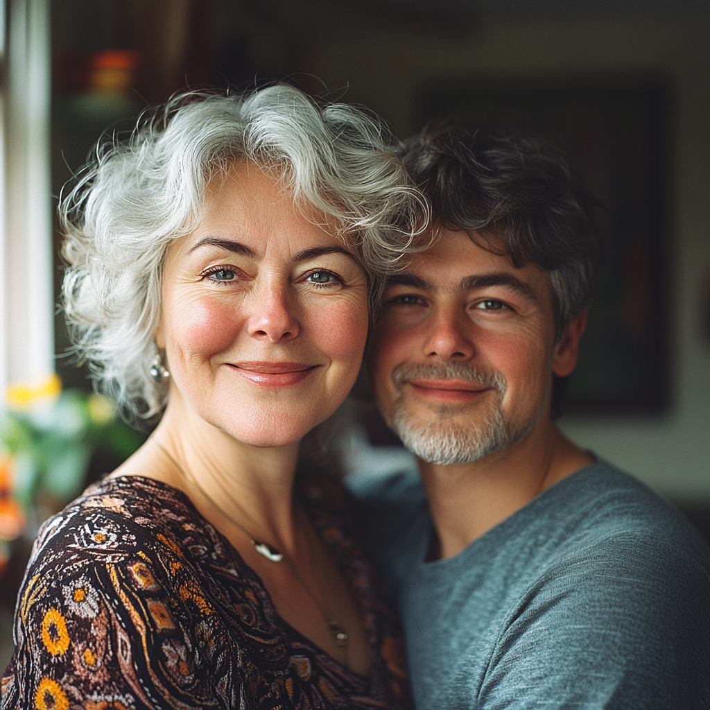 A happy older woman with her son | Source: Midjourney