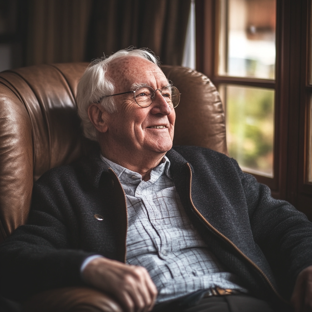 An elderly man smiles while looking out the window | Source: Midjourney