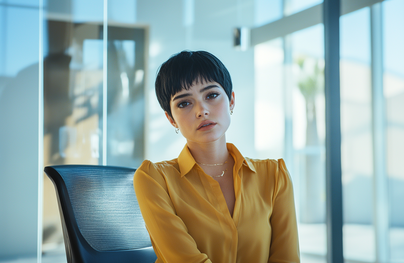 A woman sitting on a chair in a professional office, looking worried and nervous | Source: Midjourney