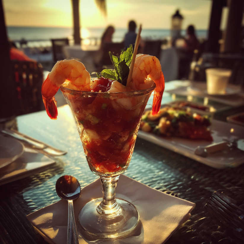 A glass of shrimp cocktail on a table | Source: Midjourney