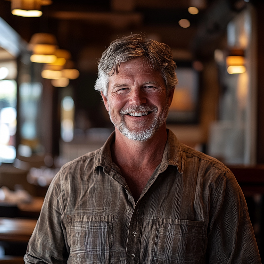 A middle-aged man smiling in a restaurant | Source: Midjourney