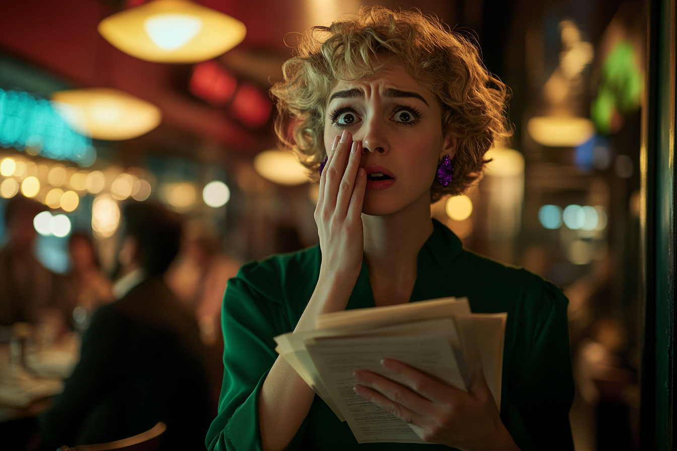 A shocked woman touching her face, surprised, standing in a restaurant holding papers | Source: Midjourney