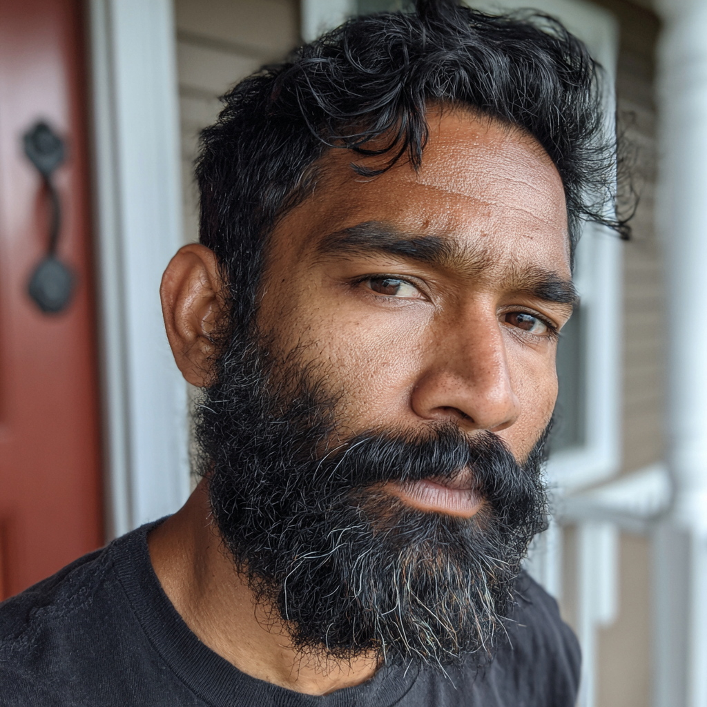 A frowning man standing on a porch | Source: Midjourney