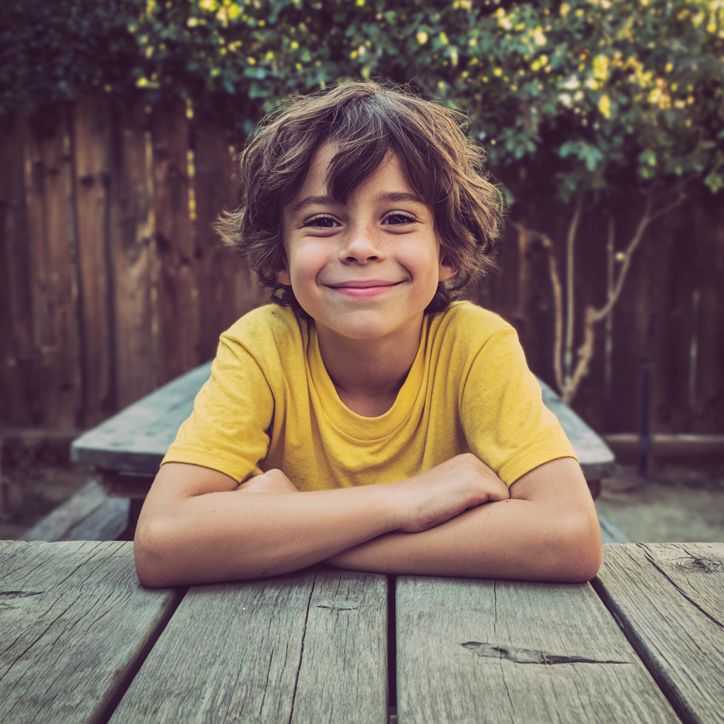 A smiling boy sitting at a table | Source: Midjourney