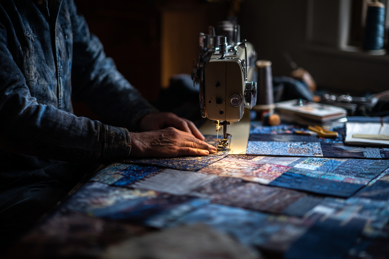 A man quilting with a sewing machine | Source: Midjourney