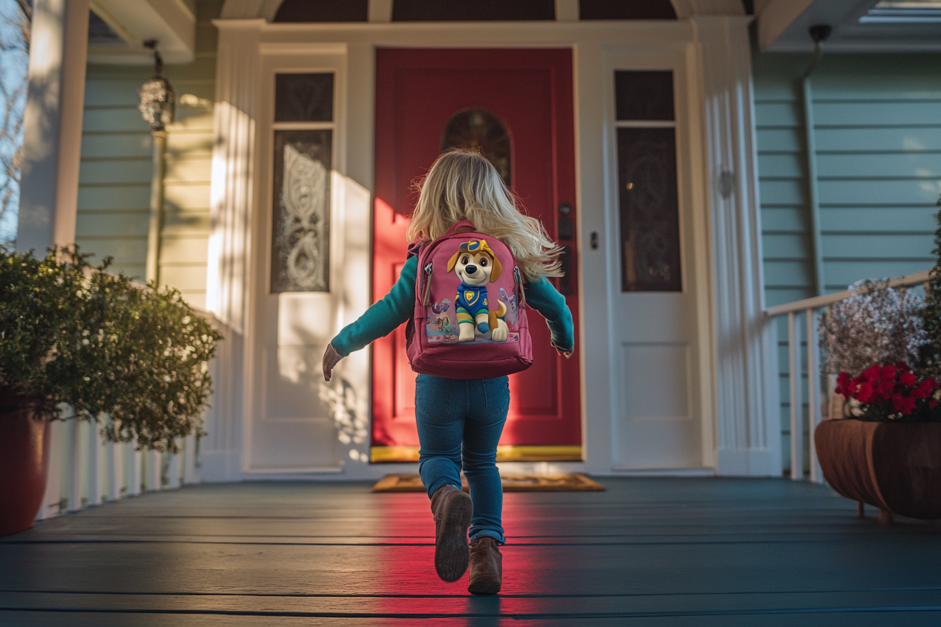 Blonde little girl running to the front door of a house | Source: Midjourney