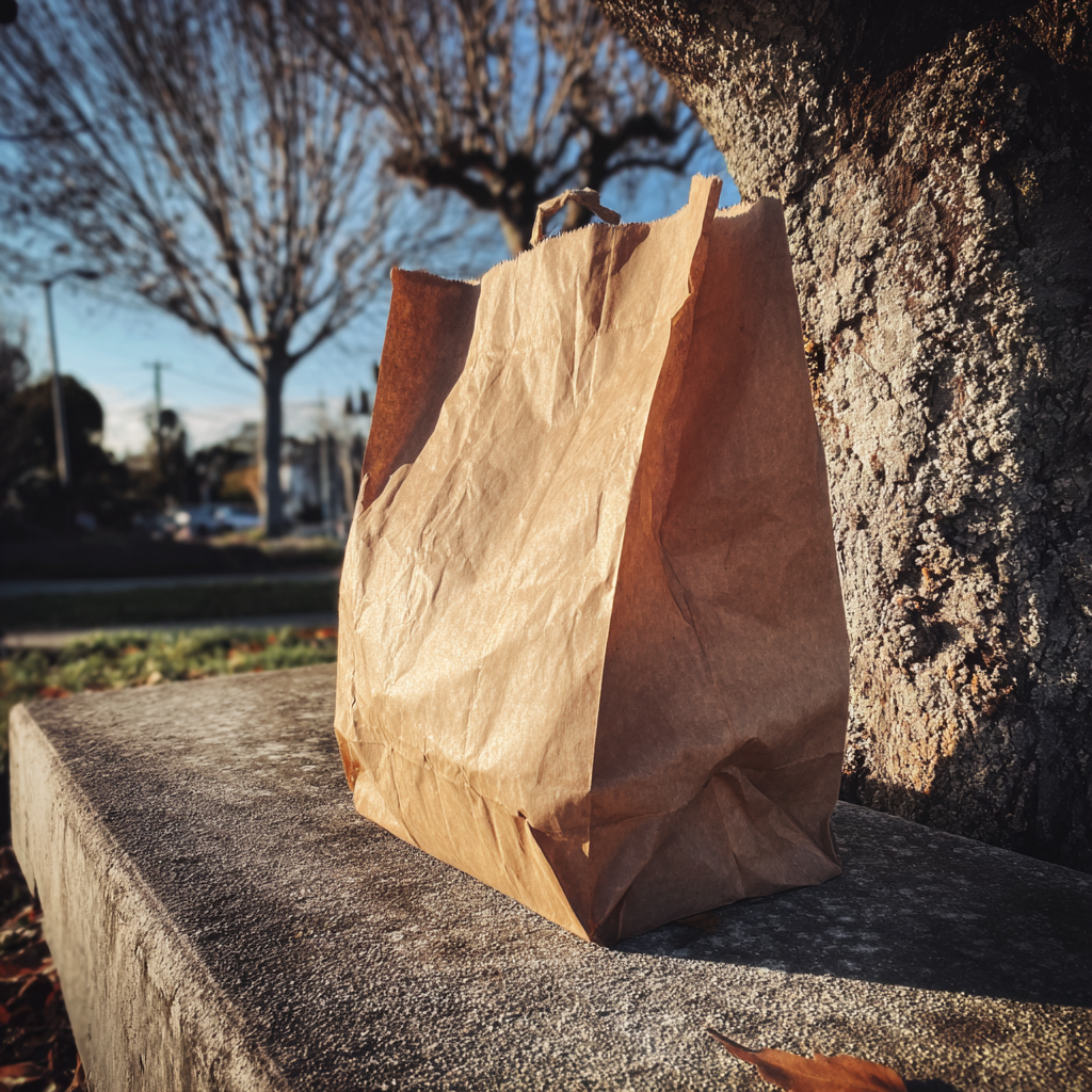 A brown paper bag on a bench | Source: Midjourney