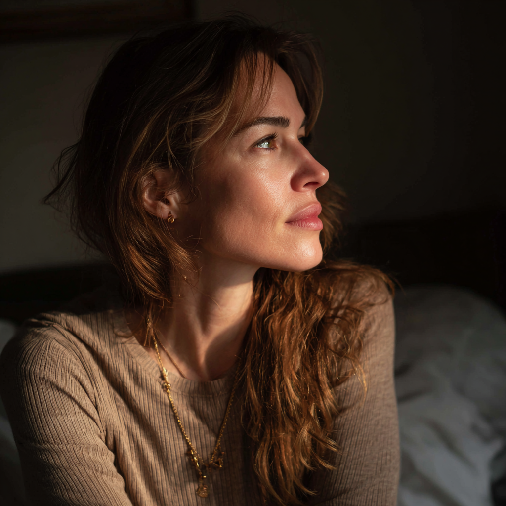 A woman sitting on her bed | Source: Midjourney