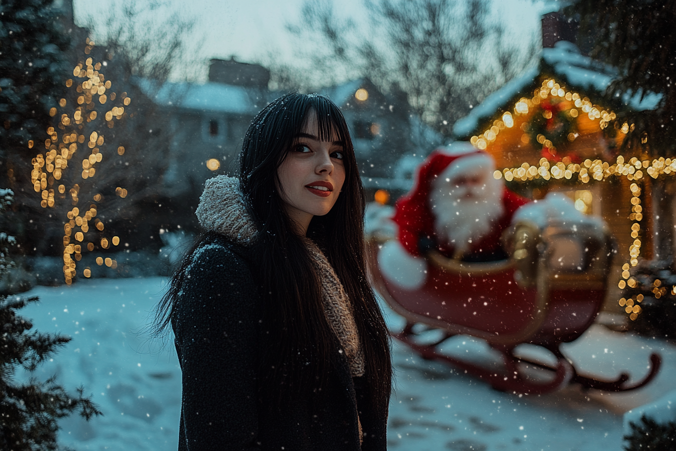 Woman smirking in a snowy yard with Christmas decorations | Source: Midjourney