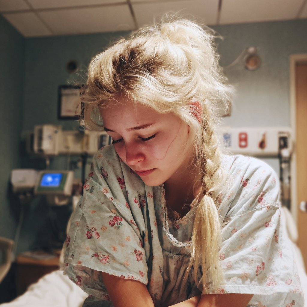An emotional teenage girl in a hospital bed | Source: Midjourney