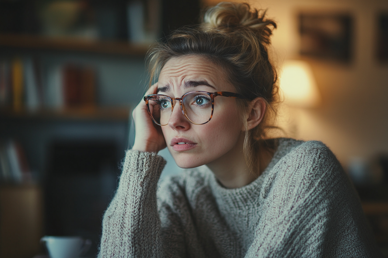 A worried-looking woman in a home office | Source: Midjourney