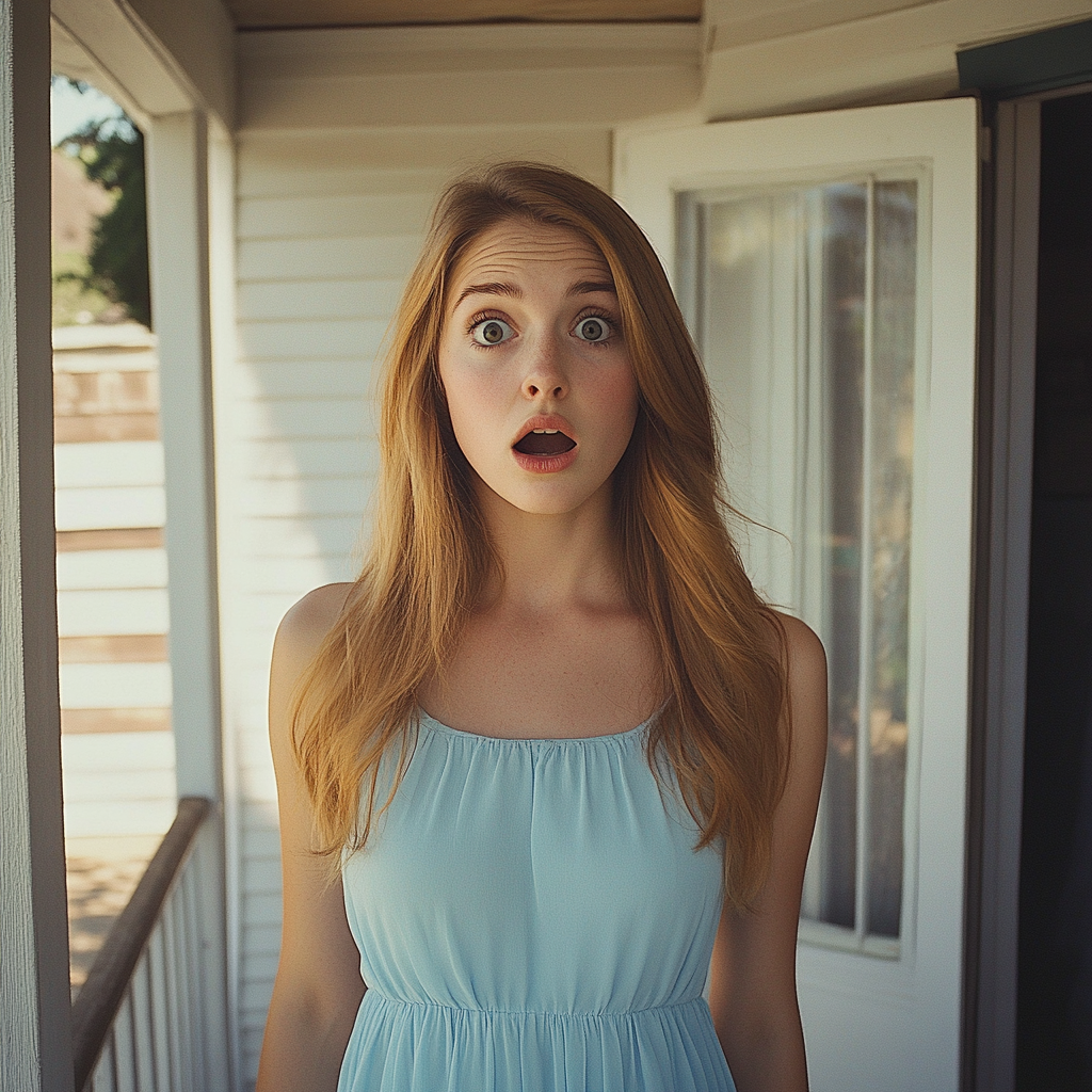 A shocked woman standing on a porch | Source: Midjourney