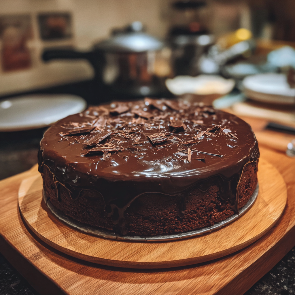 A chocolate cake on a kitchen counter | Source: Midjourney
