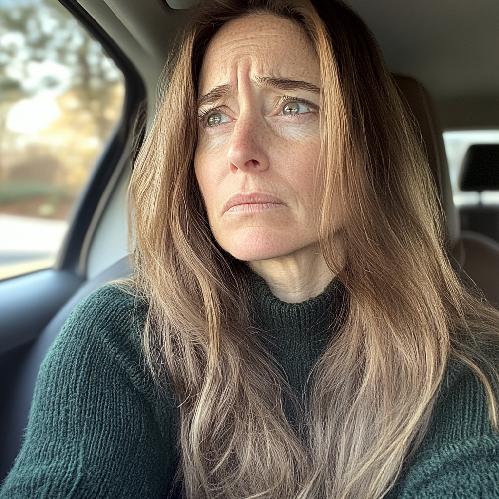 An emotional woman sitting in a car | Source: Midjourney