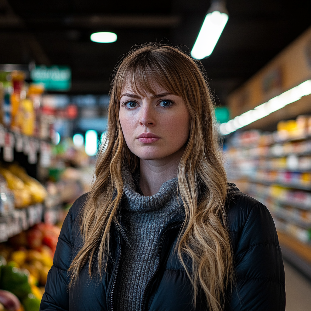 A woman looking angrily at someone while standing in a grocery store | Source: Midjourney