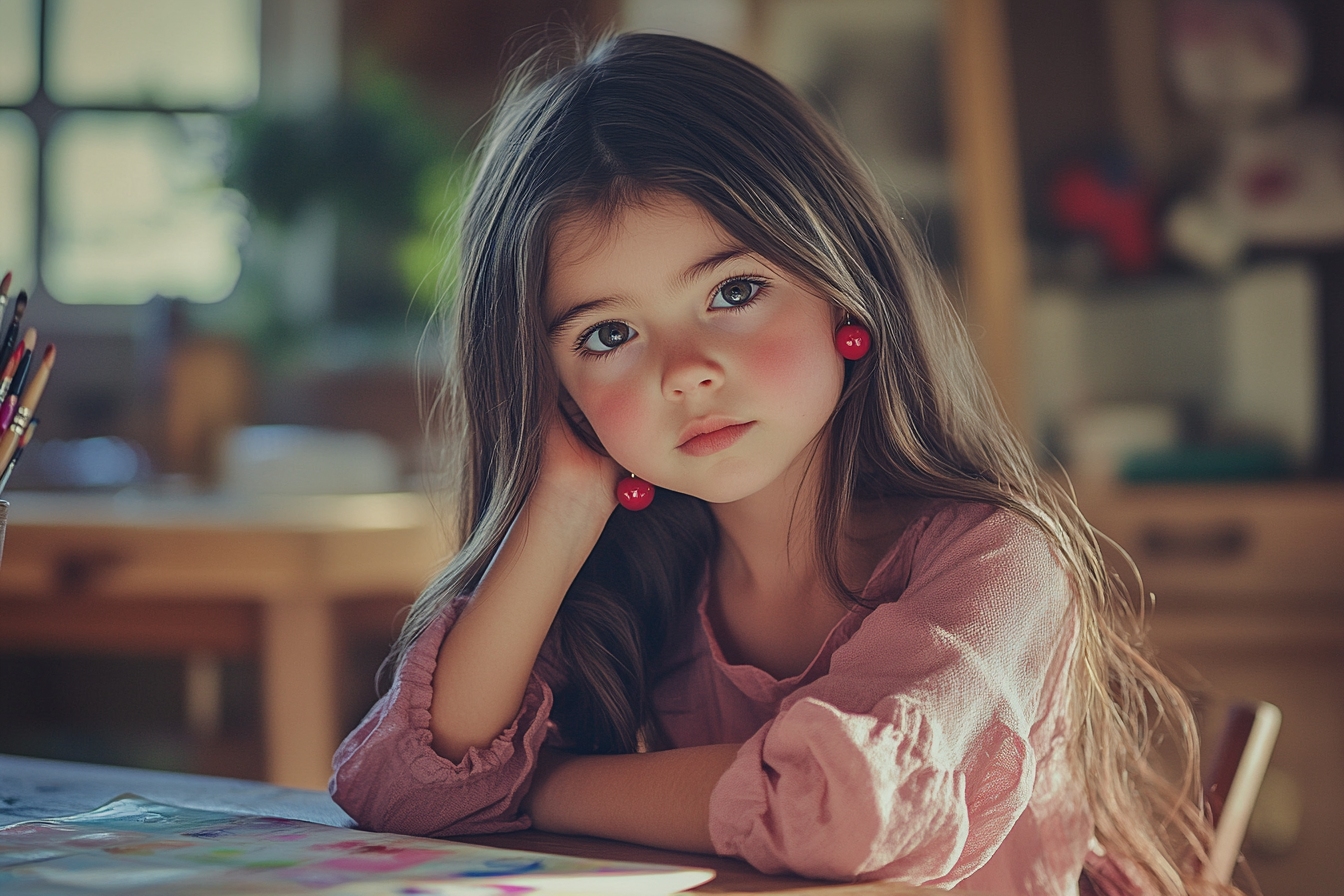 A 5-year-old girl sitting on a table, looking thoughtful while painting | Source: Midjourney