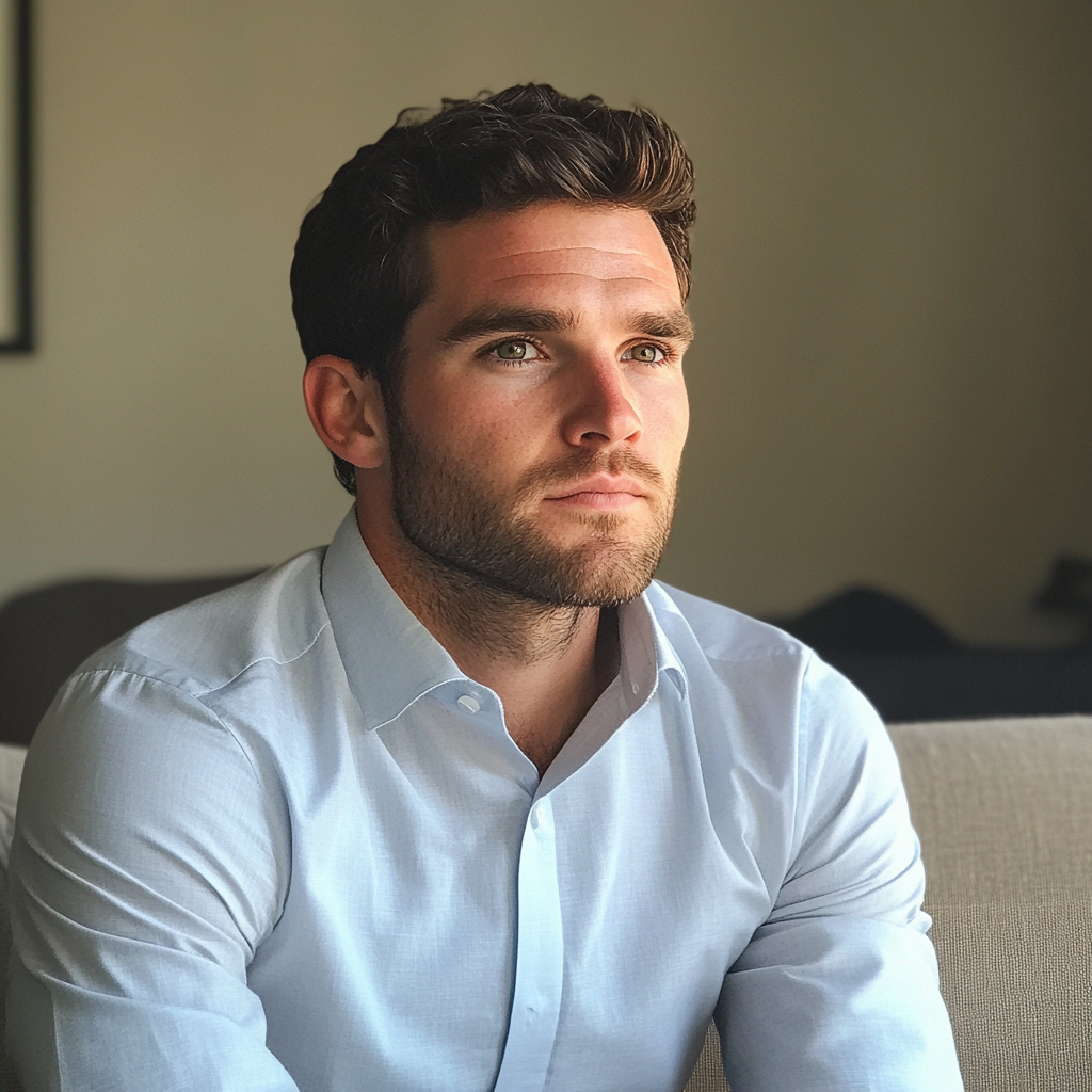 A pensive man sitting on a couch | Source: Midjourney