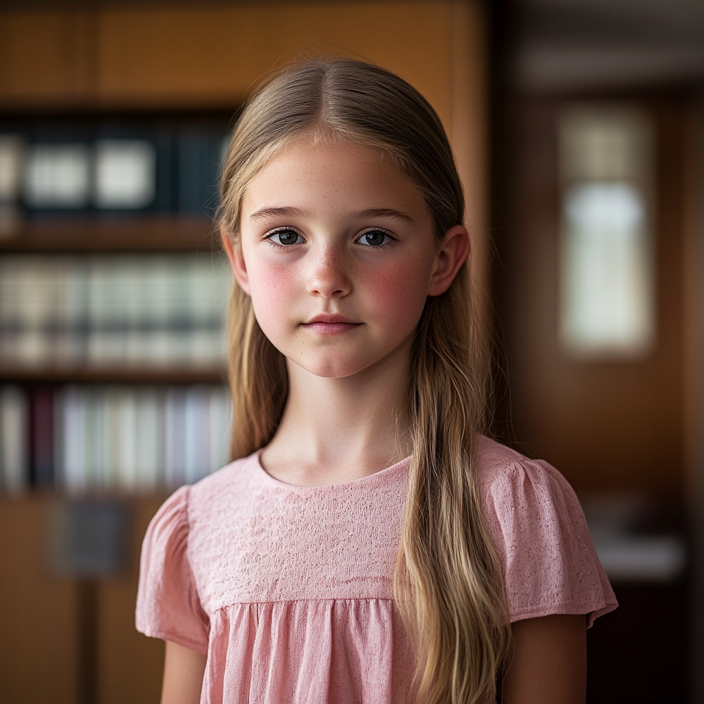 A 13-year-old girl standing in a lawyer's office | Source: Midjourney