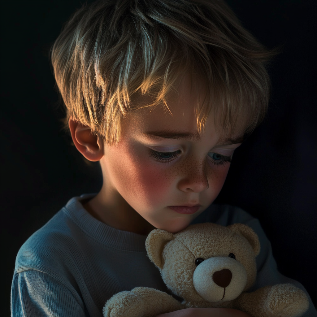 A sad little boy holding a teddy bear | Source: Midjourney