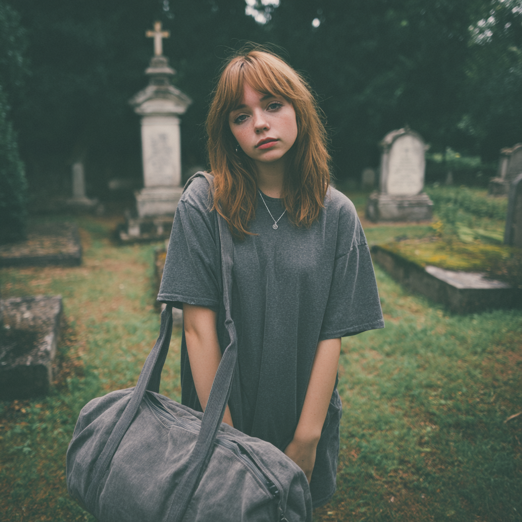 A young woman standing in a cemetery with a duffle bag | Source: Midjourney