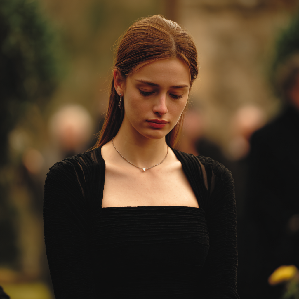 An emotional woman wearing a black dress | Source: Midjourney