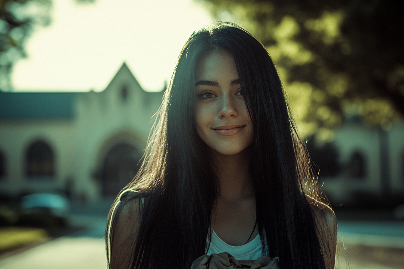 A young woman smiles while walking on a university campus | Source: Midjourney