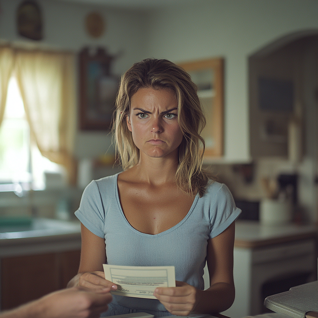 Une femme en colère remettant un chèque | Source : Midjourney